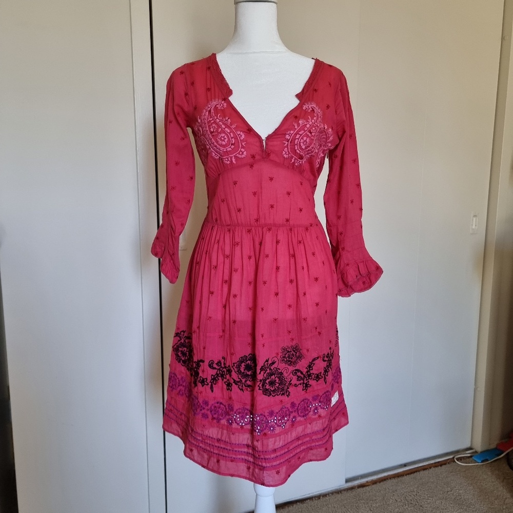 Odd Molly 824 Embroidered Red Dress, Size 0 (XS), Cotton, 3/4 Sleeve, V-Neck